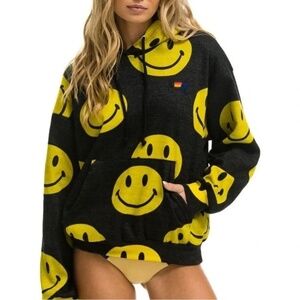 Aviator Nation Unisex Black/Yellow Smiley Repeat Relaxed Pullover Hoodie